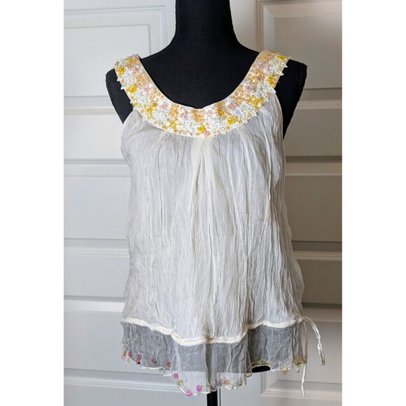 Anthropologie Hazel Embellished Gauzy Silk Top Size M Cream Blouse Artsy Boho - Picture 2 of 10